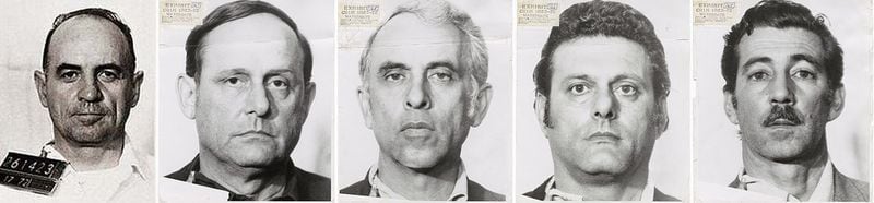 Police mug shots of the five men arrested and charged in the Watergate burglary. From left: James McCord, Bernard Barker, Eugenio Martinez, Frank Sturgis and Virgilio Gonzales. The discovery of an attempted burglary of the office of the Democratic National Committee on June 17, 1972 -- an incident President Richard M. Nixon referred to as "that pipsqueak Watergate" --  led to disclosures that unraveled over the next two years like a ball of twine. (The New York Times) 