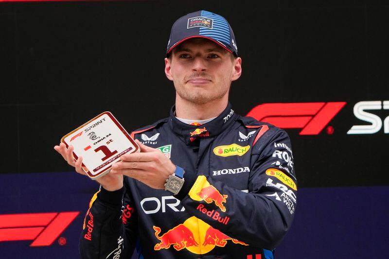 Red Bull driver Max Verstappen of the Netherlands reacts after winning the sprint race at the Chinese Formula One Grand Prix at the Shanghai International Circuit, Shanghai, China, Saturday, April 20, 2024. (AP Photo/Andy Wong)