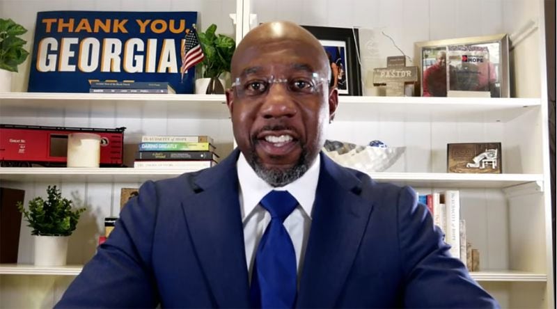 Rev. Raphael Warnock claims victory in his bid for senate during a livestream video overnight Tuesday, Jan. 5, 2021.