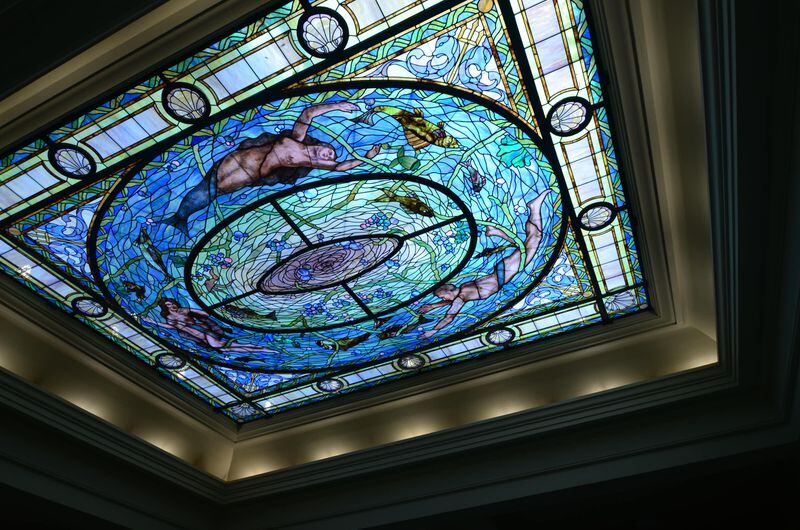 A stained glass skylight depicting Neptune's daughters is in the men's bath hall at the Fordyce bathhouse in Hot Springs National Park. 
Courtesy of Wesley K.H. Teo