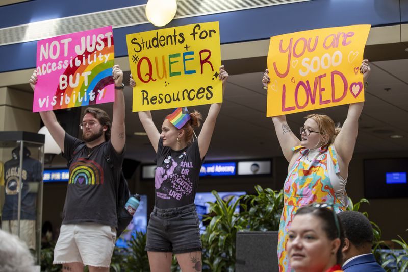 Georgia Southern University LGBTQ students and allies staged a protest Monday at the Russell Union student center in Statesboro.