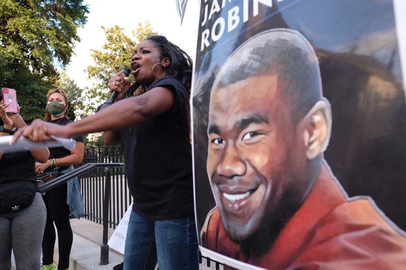 Monteria Robinson , mother of Jamarion Robinson, who was shot and killed by law enforcement officers in 2016, speaks Friday, Sept. 25, 2020, at a rally in downtown Atlanta. Ben Gray for The Atlanta Journal-Constitution