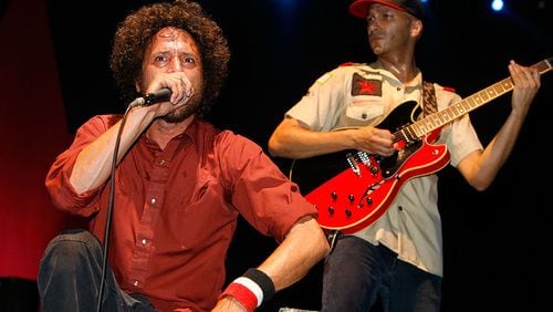 Bandmates Zack de la Rocha, left, and Tom Morello from Rage Against the Machine are scheduled to reunite with other group members in 2020.