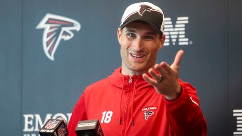 Falcons quarterback Kirk Cousins talks with members of the media during minicamp at the Atlanta Falcons Training Camp, Tuesday, May 14, 2024, in Flowery Branch, Ga. (Jason Getz / AJC)

