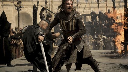 Michael Fassbender stars as Callum Lynch in a scene from “Assassin’s Creed.” (Kerry Brown/20th Century Fox via AP)