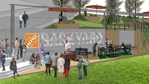 Renderings of the planned Home Depot Backyard, a park and premium tailgating space on the site of the Georgia Dome.