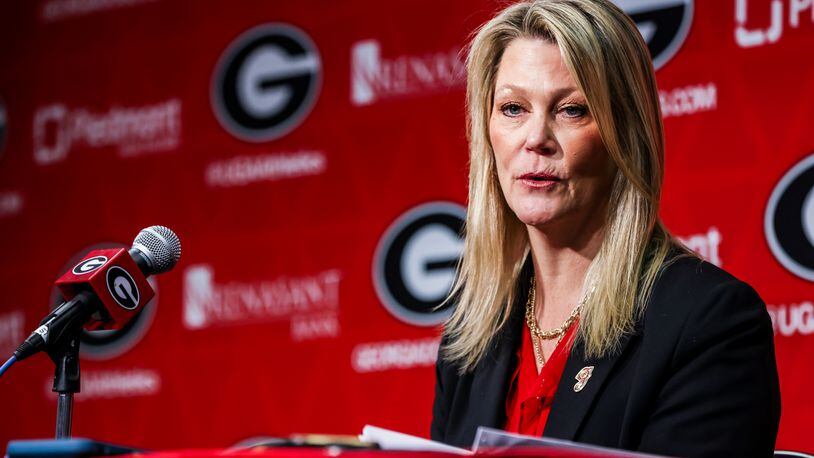 Katie Abrahamson-Henderson was introduced as the head coach for the Georgia women’s basketball program Tuesday at Stegeman Coliseum in Athens. (Photo by Tony Walsh)