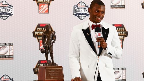 Georgia’s Deandre Baker answers questions from the media after winning the Jim Thorpe Award as the nation’s best defensive back.