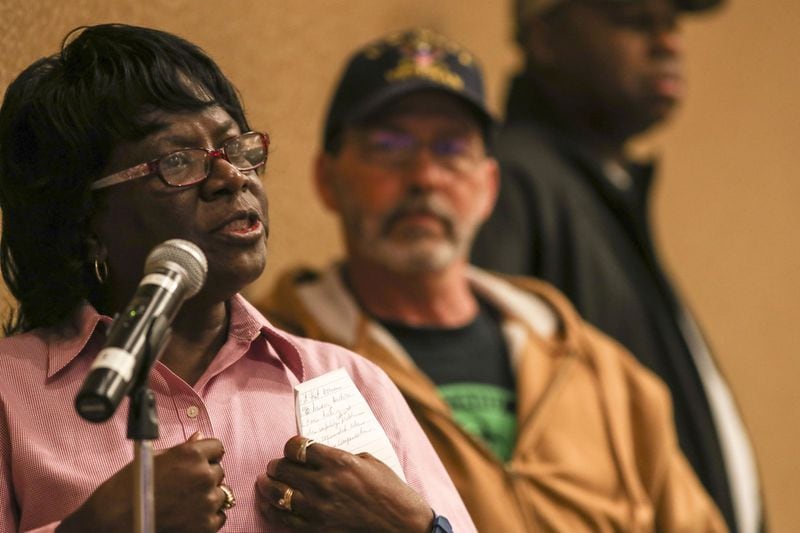 Marine Veteran Janice Bogan participates in a question and answer session during a forum about water contamination at Camp Lejeune at the Emory conference center in Atlanta, Tuesday, Feb. 27, 2018. ALYSSA POINTER/ALYSSA.POINTER@AJC.COM