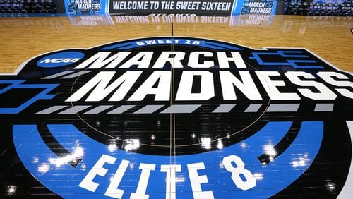 The Philips Arena court announces the arrival of March Madness at the arena.