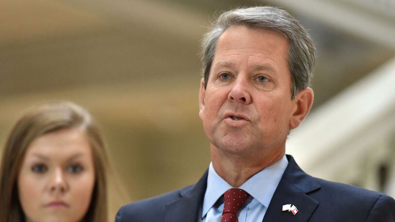 Republican Brian Kemp speaks during a press conference Saturday at the Georgia Capitol, a day after his Democratic opponent in the governor’s race, Stacey Abrams, ended her campaign. HYOSUB SHIN / HSHIN@AJC.COM