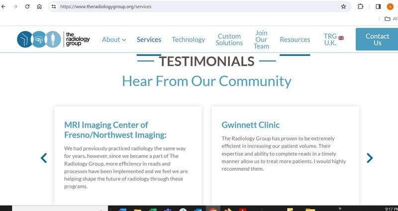 The Radiology Group advertises its speed in evaluating images for doctors and hospitals. (Screenshot of theradiologygroup.org)
