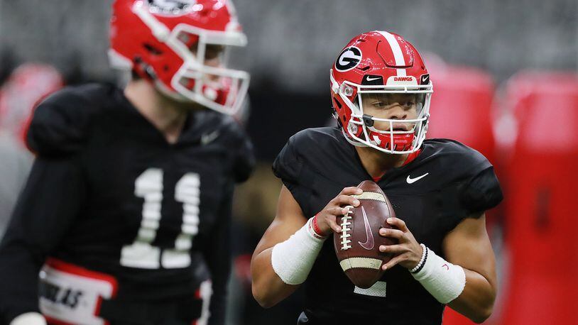 Justin Fields practices with the Bulldogs before the Sugar Bowl at Mercedes-Benz Superdome Saturday, Dec 29, 2018, in New Orleans.
