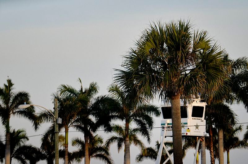 A police lookout booth is positioned among the palm trees along the perimeter of the president's residence at Mar-a-Lago in Palm Beach, Fla.