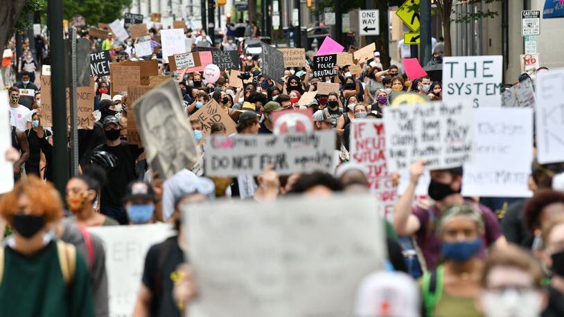June 5, 2020 - Atlanta - Groups of demonstrators gathered late Friday afternoon as protests continued in downtown Atlanta. Marchers are demonstrating against racial inequality and police killings of African Americans. Hyosub Shin / hyosub.shin@ajc.com