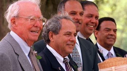 Former Atlanta mayors Ivan Allen, Sam Massell, Maynard Jackson, Bill Campbell, Maynard Jackson and Andy Young pose at a function in Piedmont Park in 1997. In 2017, Atlanta voters may elect the city's first white mayor since 1973. (AJC Staff Photo/Rich Addicks)