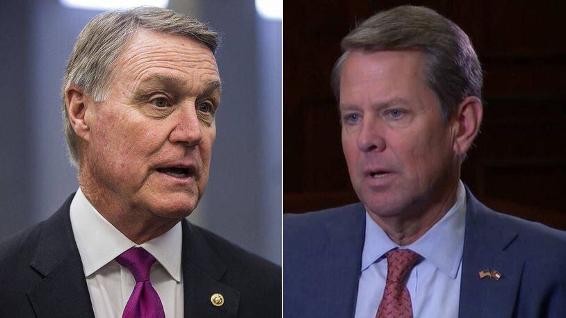 Former U.S. Sen. David Perdue, left, is running against Gov. Brian Kemp in the GOP primary. He has filed suit in a federal court challenging a state law that allows the governor to raise unlimited campaign contributions even while the Legislature is in session.