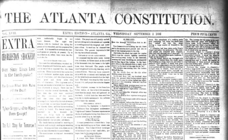 The deadly earthquake that struck Charleston on Aug. 31, 1886, was front-page news in the next edition of the Atlanta Constitution.