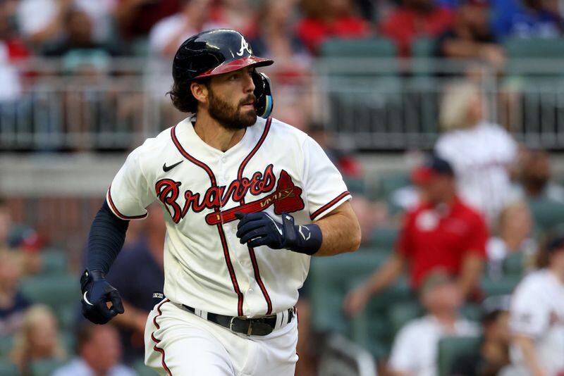 062522 Atlanta: Atlanta Braves shortstop Dansby Swanson reacts after hitting a two-run home run during the third inning against the Los Angeles Dodgers at Truist Park Saturday, June 25, 2022, in Atlanta. (Jason Getz / Jason.Getz@ajc.com)