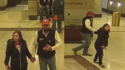 Surveillance cameras caught these still images of Chuck Hand, now a candidate in the Republican primary in southwest Georgia's 2nd Congressional District, and his wife, Mandy Robinson-Hand, inside the U.S. Capitol during the Jan. 6, 2021 riot. The two pleaded guilty in 2022 to a misdemeanor charge of illegally demonstrating in the U.S. Capitol. They were sentenced to 20 days in federal prison and six months of probation.