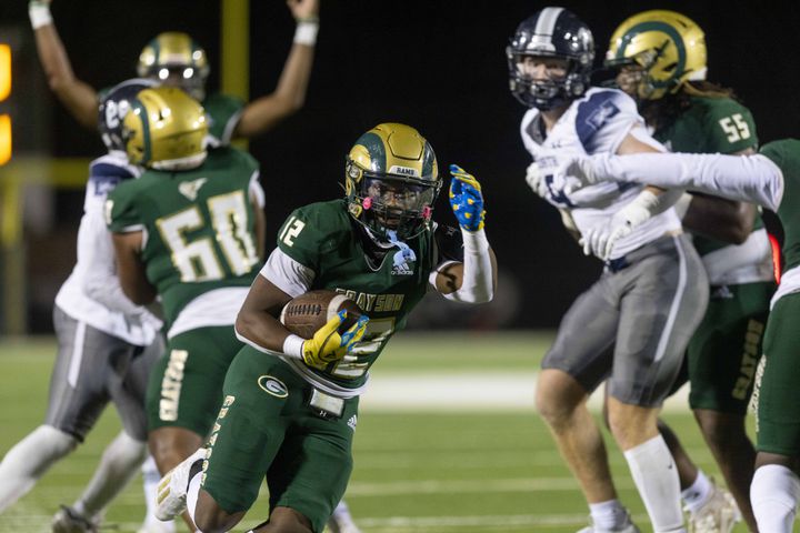 Grayson’s Amari Alston (12) scores a touchdown during a GHSA High School Football game between the Grayson Rams and the North Paulding Wolfpack at Grayson High School in Loganville, GA., on Friday, November 17, 2023. (Photo/Jenn Finch)