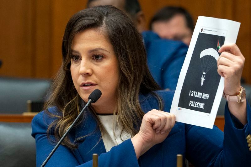 Rep. Elise Stefanik, R-N.Y., hołds up a printout that she claims was from a New York City public school teacher's social media account, during a Subcommittee on Early Childhood, Elementary, and Secondary Education hearing on antisemitism in K-12 public schools, Wednesday, May 8, 2024, on Capitol Hill in Washington. (AP Photo/Jacquelyn Martin)