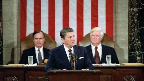 2/18/1981 President Reagan George Bush Thomas "Tip" O'Neill Addressing Joint Session of Congress on Program for economic recovery in House Chamber United States Capitol. Courtesy Ronald Reagan Library.
