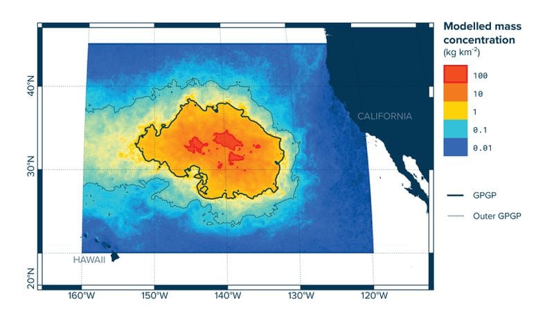 A map shows the Great Pacific Garbage Patch (GPGP) floating in the ocean and the concentration levels of trash in the gyre.