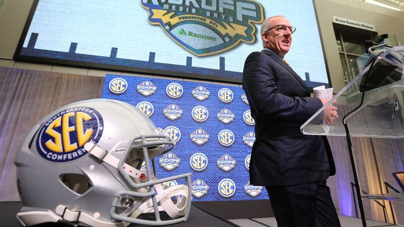 July 16, 2018 Atlanta: Commissioner Greg Sankey opens SEC Media Days at the College Football Hall of Fame on Monday, July 16, 2018, in Atlanta.     Curtis Compton/ccompton@ajc.com
