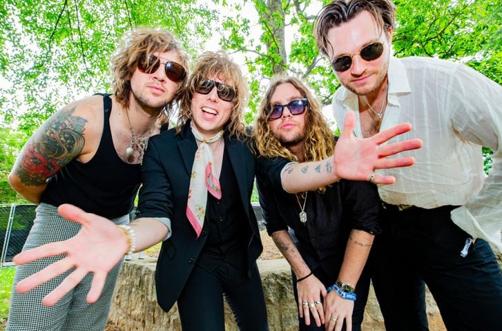 Atlanta, Ga: The Struts pose backstage before they take the stage on Sunday at Shaky Knees. Photo taken May 5, 2024 at Central Park, Old 4th Ward. (RYAN FLEISHER FOR THE ATLANTA JOURNAL-CONSTITUTION)