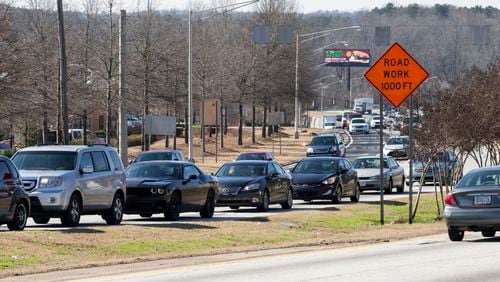 12/29/2017 -- East Point, GA, - Traffic builds as cars wait to gain access to the on ramp of Interstate 285 North on Camp Creek Parkway in East Point, Friday, December 29, 2017.  ALYSSA POINTER/ALYSSA.POINTER@AJC.COM