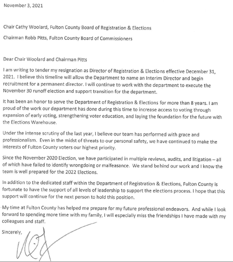 This is the Nov. 3, 2021 resignation letter of Fulton elections head Richard Barron. (Provided by Fulton County government)