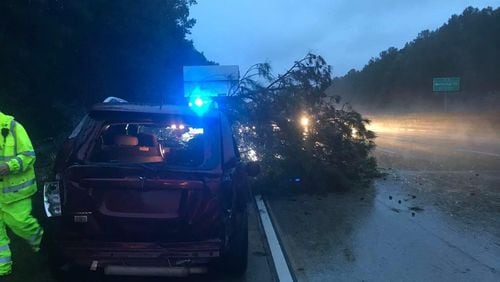 A tree fell on the hood of a Sandy Springs Police truck on Ga. 400 at Northridge Road about 7:40 a.m. Thursday while officers worked a vehicle accident. Courtesy city of Sandy Springs