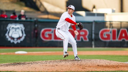 Georgia pitcher Luke Wagner (27), pitching against Lipscomb on Sunday, March 13, 2022, will take over as the Bulldogs Saturday starter against Mississippi State this weekend. (Photo by Tony Walsh/UGA Athletics)