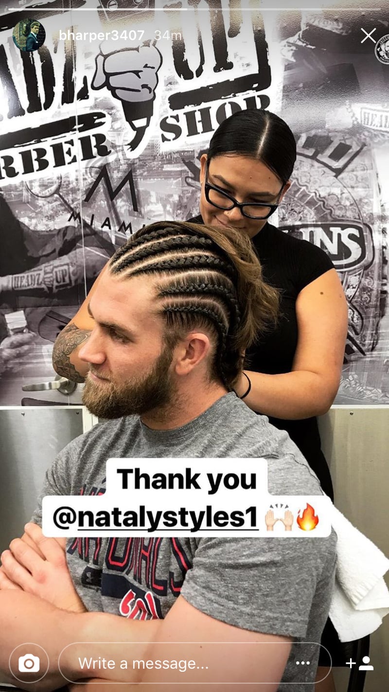Washington Nationals' Bryce Harper posted a photo of his hair being braided into cornrows on Sept. 6, 2017.
