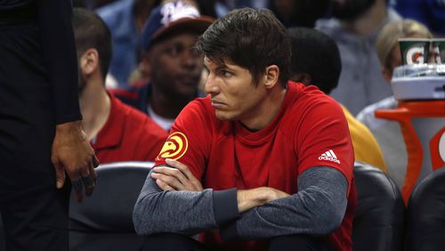 Atlanta Hawks guard Kyle Korver sits on the bench in the first half of an NBA basketball game against the New Orleans Pelicans in New Orleans, Thursday, Jan. 5, 2017. (AP Photo/Gerald Herbert)