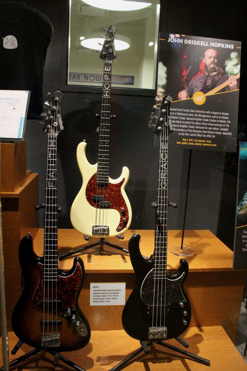 Some of John Driskell Hopkins' bass collection. Photo: Melissa Ruggieri/AJC