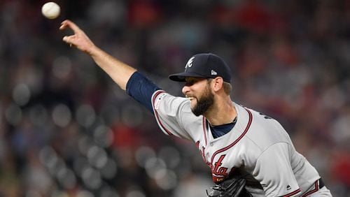 Braves reliever Chris Martin delivers a pitch against the Minnesota Twins during the ninth inning Monday, Aug. 5, 2019, at Target Field in Minneapolis. The Twins defeated the Braves, 5-3.