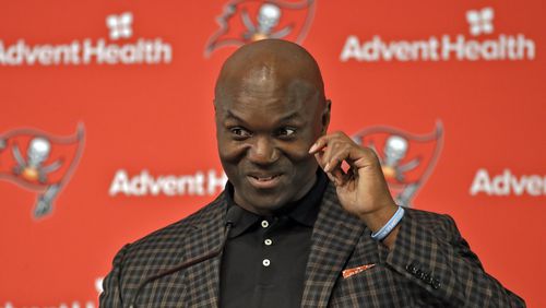 Todd Bowles is introduced as Tampa Bay Buccaneers defensive coordinator during a news conference Friday, Jan. 11, 2019, in Tampa, Fla. Bowles was formerly head coach of the New York Jets. (Chris O'Meara/AP)