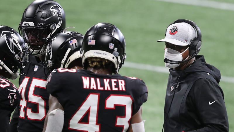 Falcons interim coach Raheem Morris addresses the defense during a time out against the New Orleans Saints during the second quarter Sunday, Dec. 6, 2020, at Mercedes-Benz Stadium in Atlanta. (Curtis Compton / Curtis.Compton@ajc.com)