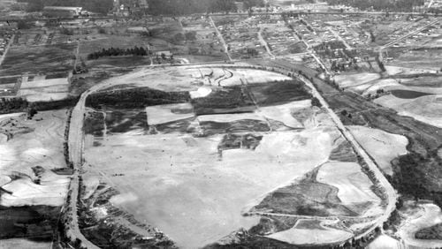Candler Field as it appeared in 1925. The former speedway is clearly outlined, with Virginia Avenue running close by the top of the oval. (Air Service Office, Fourth Corps Area)