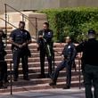 Officers stage near the site of a pro-Palestinian encampment, cleared by police overnight, on the UCLA campus Thursday, May 2, 2024, in Los Angeles. (AP Photo/Mark J. Terrill)