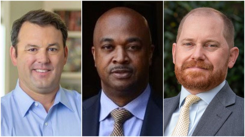 Burt Jones, left, will be the Republican nominee for lieutenant governor while two Democrats -- former U.S. Rep. Kwanza Hall, left, and Charlie Bailey -- head to a runoff next month. Submitted photos.