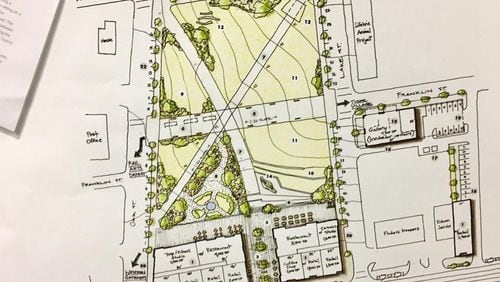 Architect and local resident Sheri Locke’s proposed design for the four acres owned by Avondale Estates between North Avondale Road (south) and New Street (north). Note that Franklin Street bisects the property but in this rendition is limited to pedestrians only. The amphitheater is in the northeast corner and two retail buildings front North Avondale. The city hopes to approve RFPs for park (center green space) and building development design by Nov. 12. Courtesy Sheri Locke