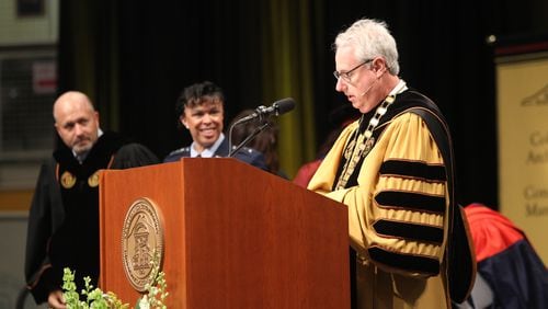 Students along with their family and friends from Kennesaw State University in the College of Humanities and Social Sciences attend their Commencement ceremony to graduate from the university in Kennesaw, Georgia, on May 10, 2017. President Sam Olens addresses the crowd and students one last time before releasing them. (HENRY TAYLOR / HENRY.TAYLOR@AJC.COM)