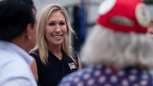 Republican Marjorie Taylor Greene, shown talking with supporters Aug. 29, 2020, at a political rally at the Rome fairgrounds, has been elected to represent Georgia’s 14th Congressional District. (Ben Gray for The Atlanta Journal-Constitution)