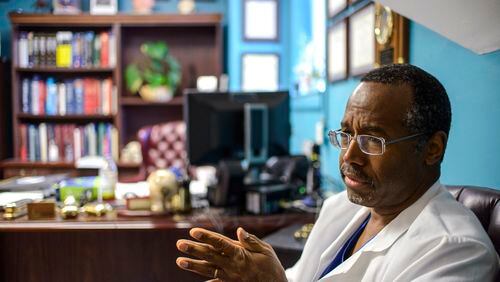Ben Carson, a pediatric neurosurgeon at Johns Hopkins Hospital, in his office in Baltimore, Md., March 20, 2013. With a single speech delivered while President Barack Obama looked stonily on, Carson was lofted into the conservative firmament as its newest star: an accomplished black neurosurgeon from Johns Hopkins with the credibility to attack the president on health care. (Matt Roth/The New York Times) Ben Carson, a pediatric neurosurgeon at Johns Hopkins Hospital, in his office in Baltimore, Md., in a 2013 NYT photograph.