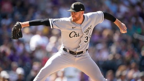 Chicago White Sox relief pitcher Aaron Bummer (39) in the seventh inning of a baseball game Sunday, Aug. 20, 2023, in Denver. (AP Photo/David Zalubowski)