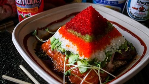 Bite-sized chunks of tuna, salmon and yellowtail form the base of the Ocean Pyramid. Courtesy of Budi's Sushi