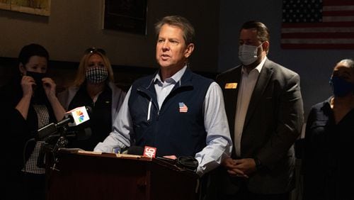 Georgia Gov. Brian Kemp speaks at a news conference at AJ’s Famous Seafood and Poboys on April 10, 2021, in Marietta, Georgia. (Megan Varner/Getty Images/TNS)